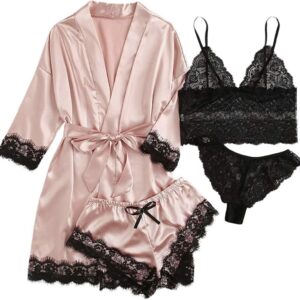 AudMsier Pyjama Satin Quatre Pièces Femme Dentelle Soie-0